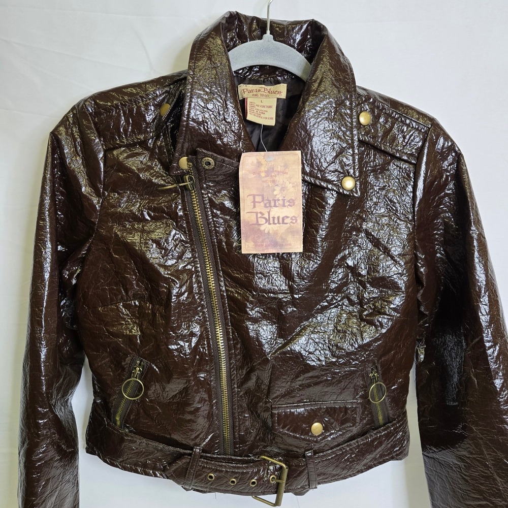 Paris Blues Cropped Faux Leather‎ Moto Jacket, Brown, Large, NEW